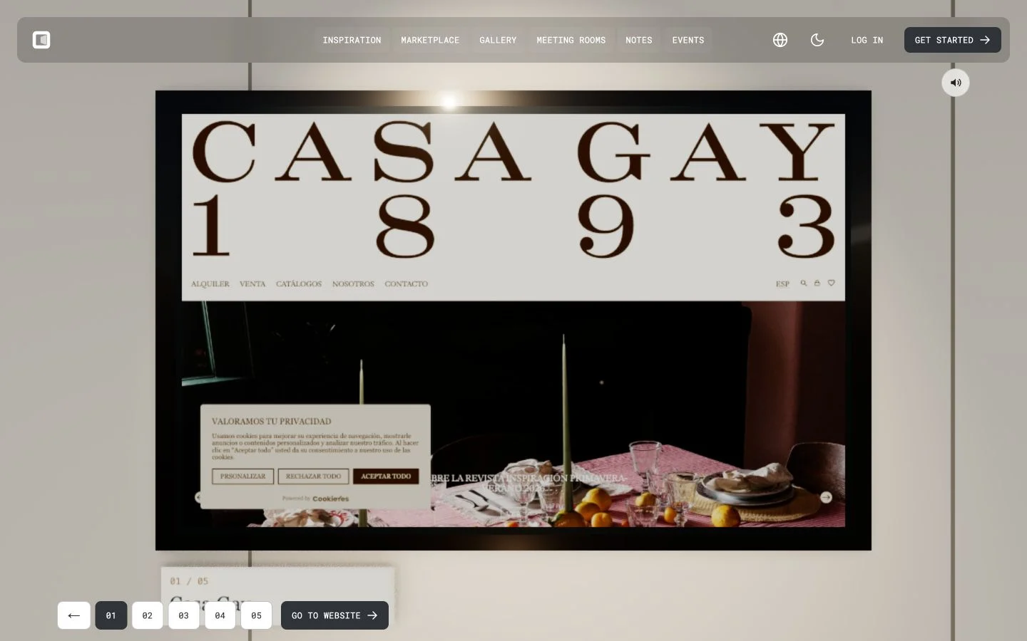 Inside Aicowork's website gallery prototype, presenting websites in a spatial exhibition