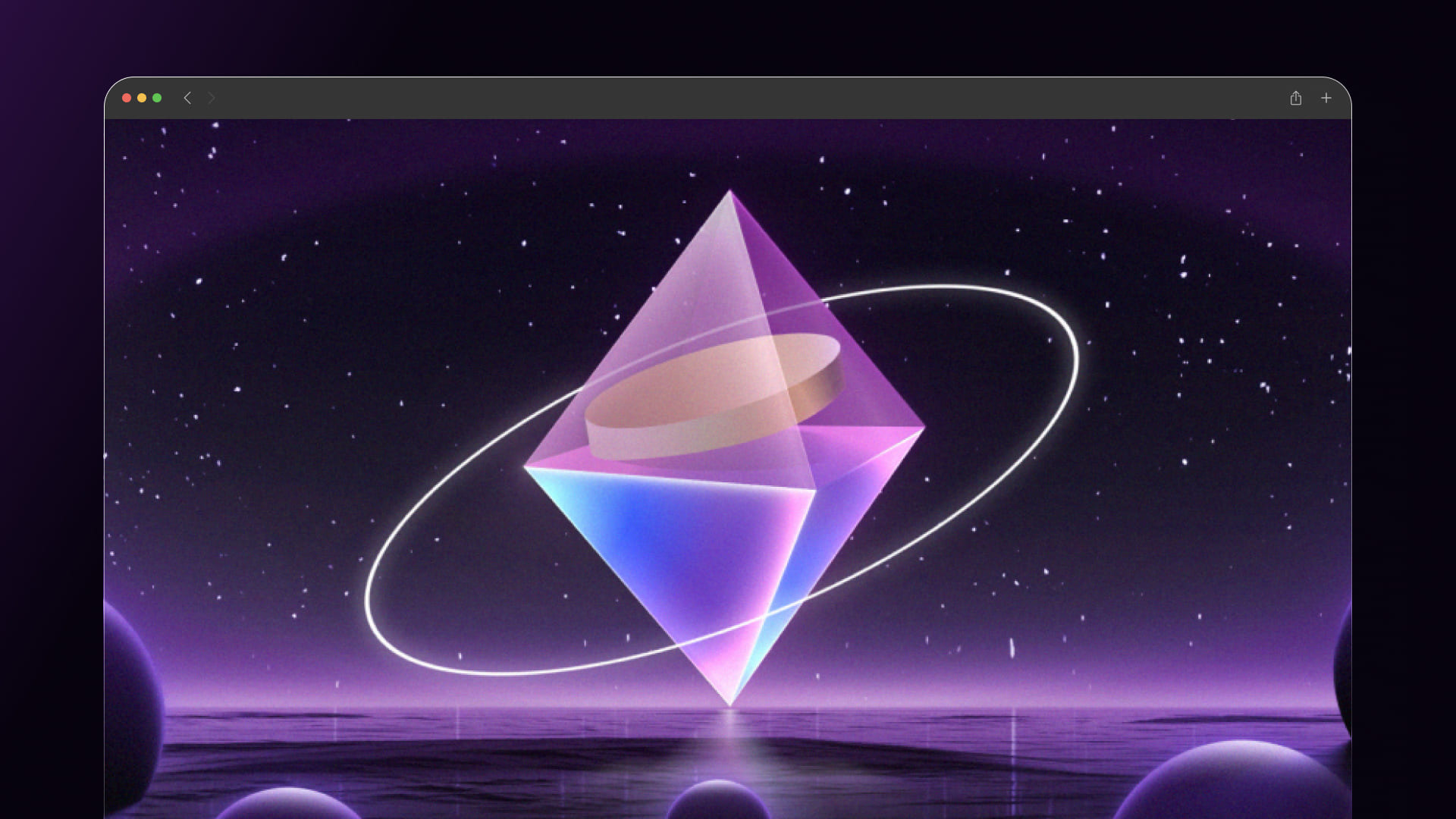 Original POTO visual showing a translucent purple crystal, orbital ring and reflective landscape inside a browser presentation