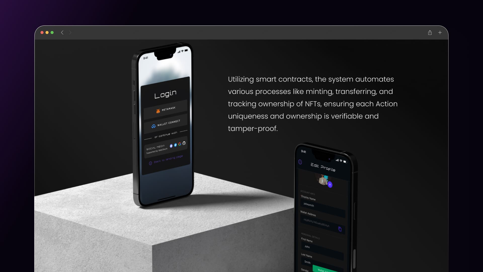 Original mobile presentation with MetaMask, WalletConnect and social login options beside an Edit Profile screen