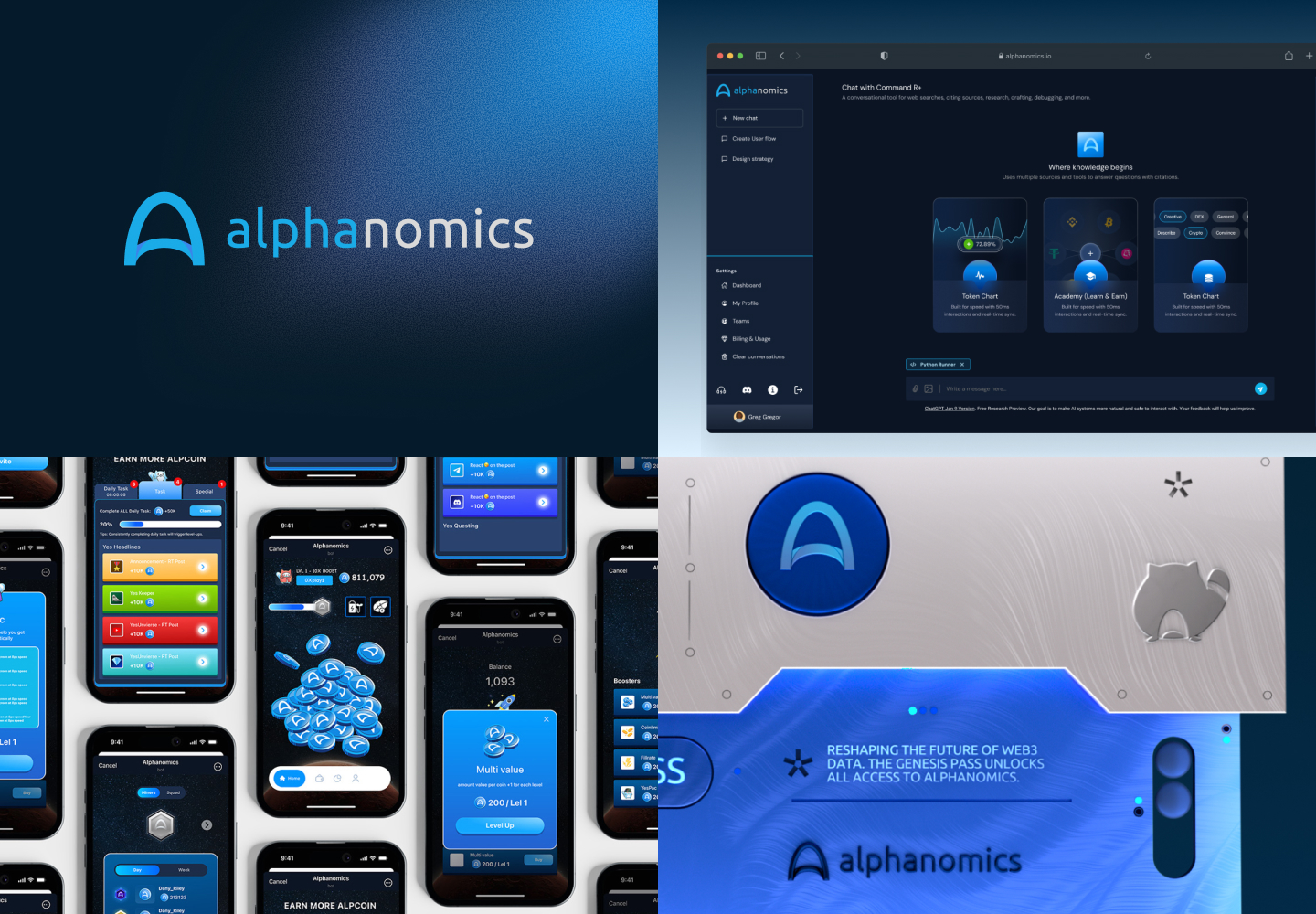 Alphanomics logo, desktop analytics interface, mobile screens and brand applications