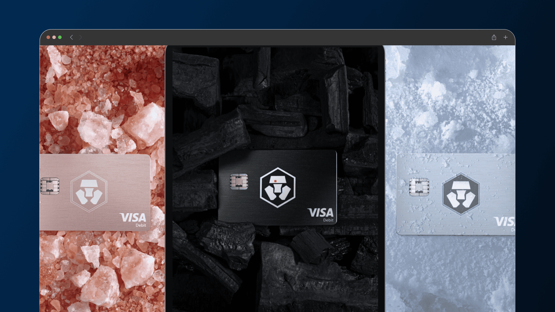 Crypto.com Visa cards presented against pink stone, dark stone and light textured surfaces