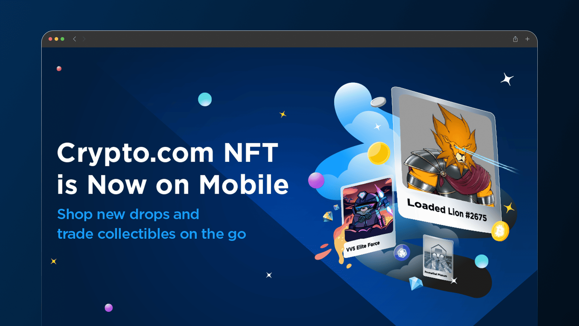 Crypto.com NFT mobile campaign with a phone, illustrated character and floating 3D objects