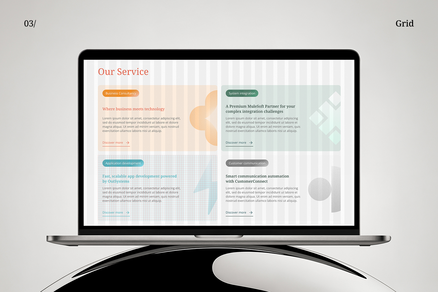 Harmony service page shown on a desktop monitor with a structured four-part content grid