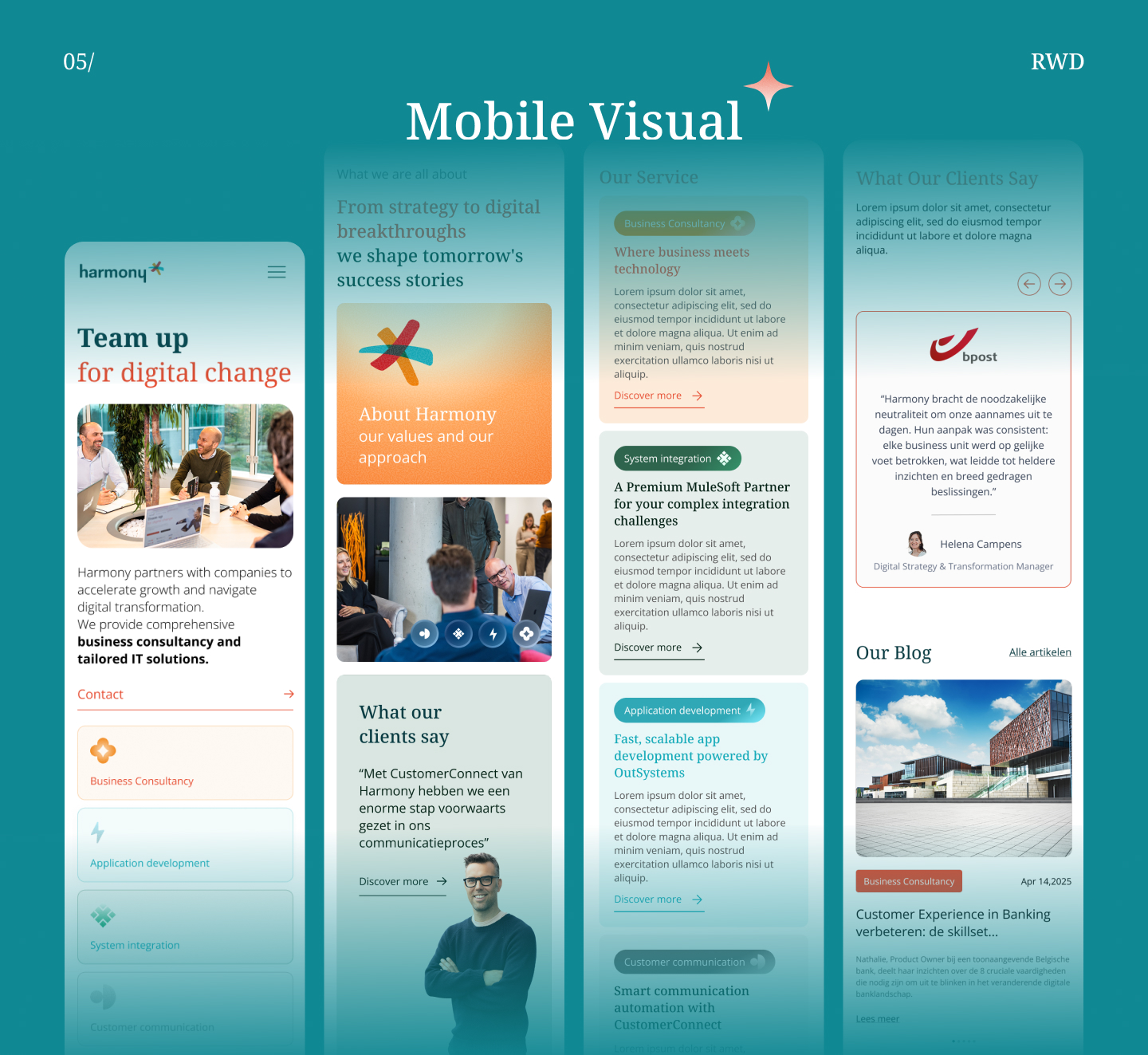 Harmony mobile website screens showing the homepage, service content and editorial pages