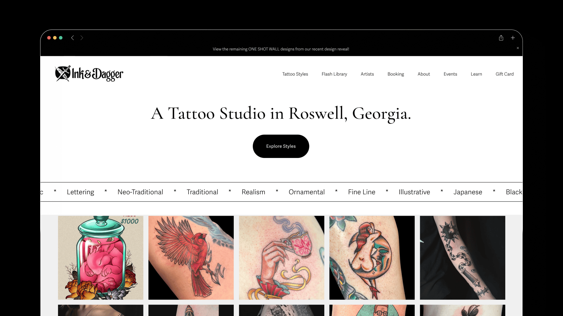 Ink and Dagger tattoo studio page with style categories and a gallery of flash artwork