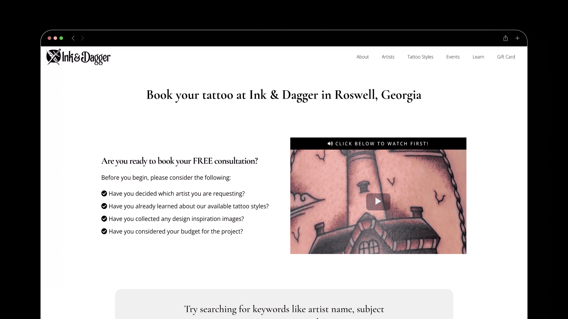 Ink and Dagger consultation page with booking guidance and a photograph of tattoo work