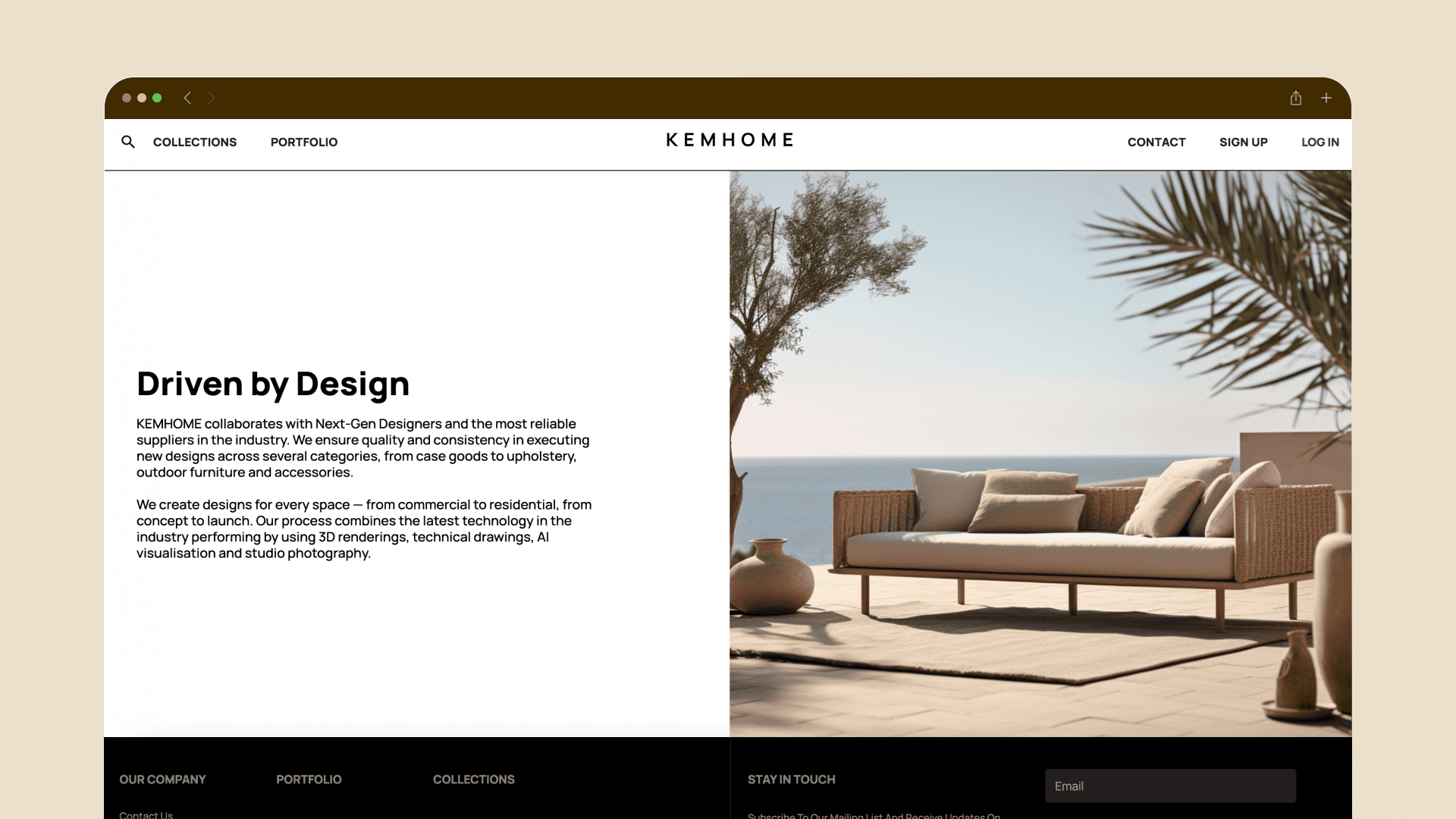 KEMHOME Driven by Design page pairing the brand story with an outdoor sofa photograph