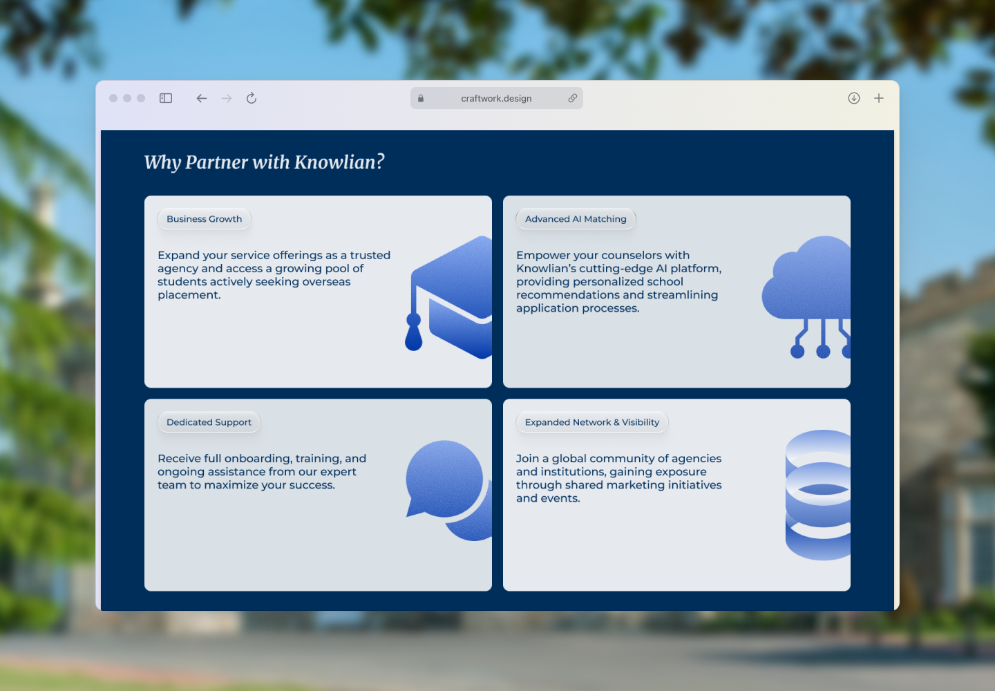 Knowlian partnership section with four illustrated information blocks on a blue panel