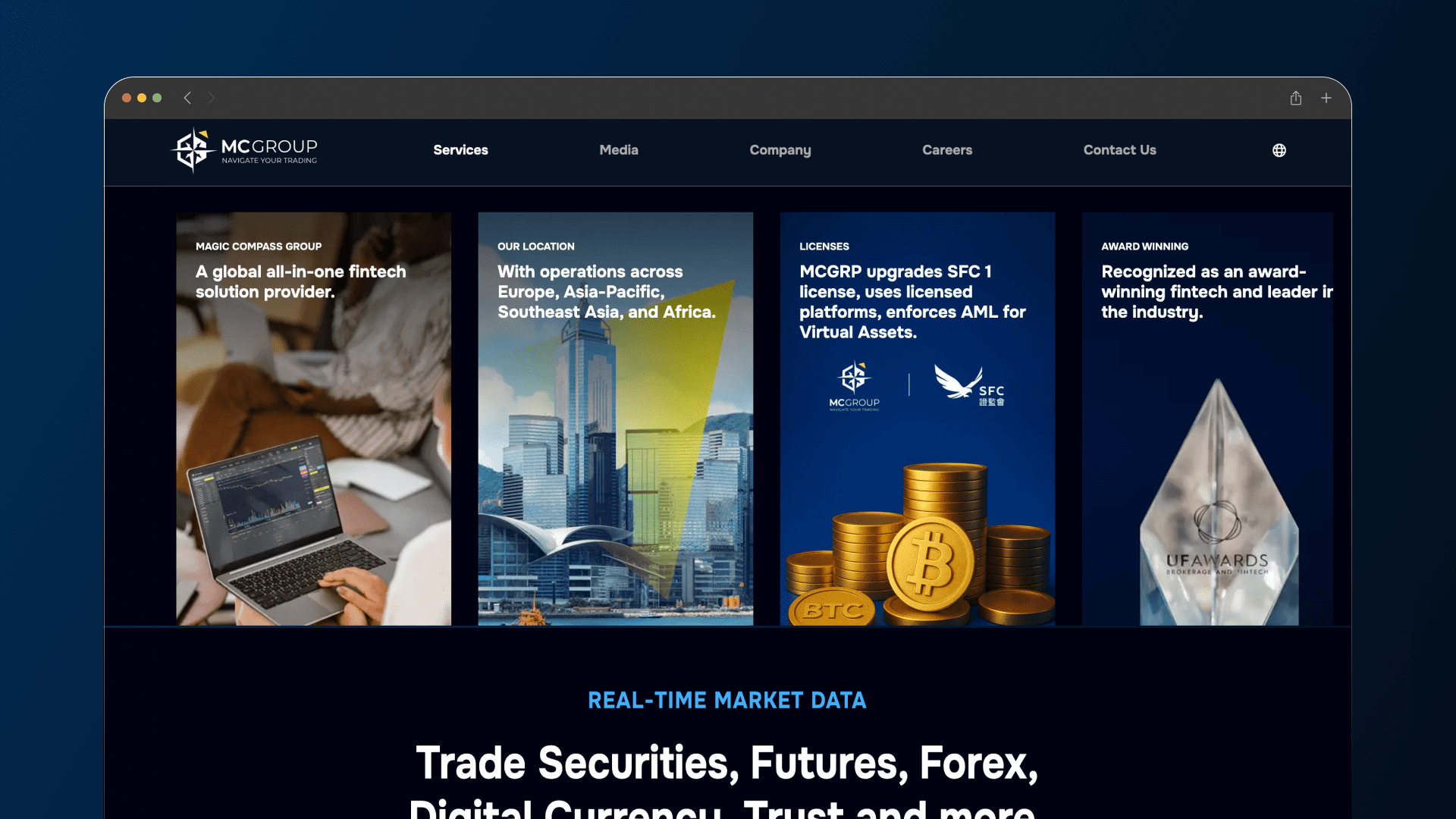Magic Compass Group homepage with four illustrated business panels and real-time market data heading