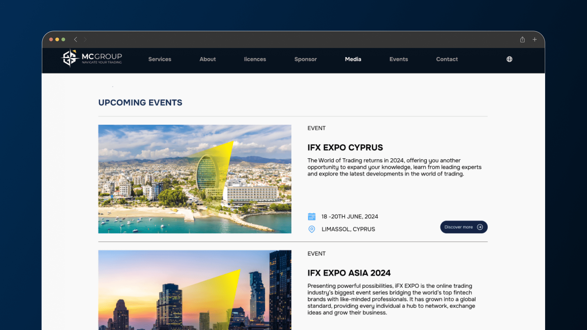 Magic Compass Group upcoming events page with Cyprus and Asia expo listings, images and event details