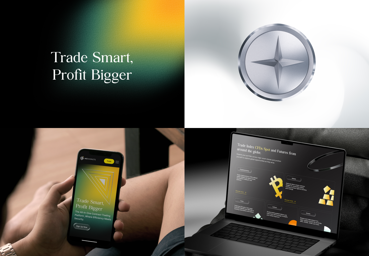 MCMARKETS brand collage showing green and yellow artwork, metallic symbol, mobile page and desktop website