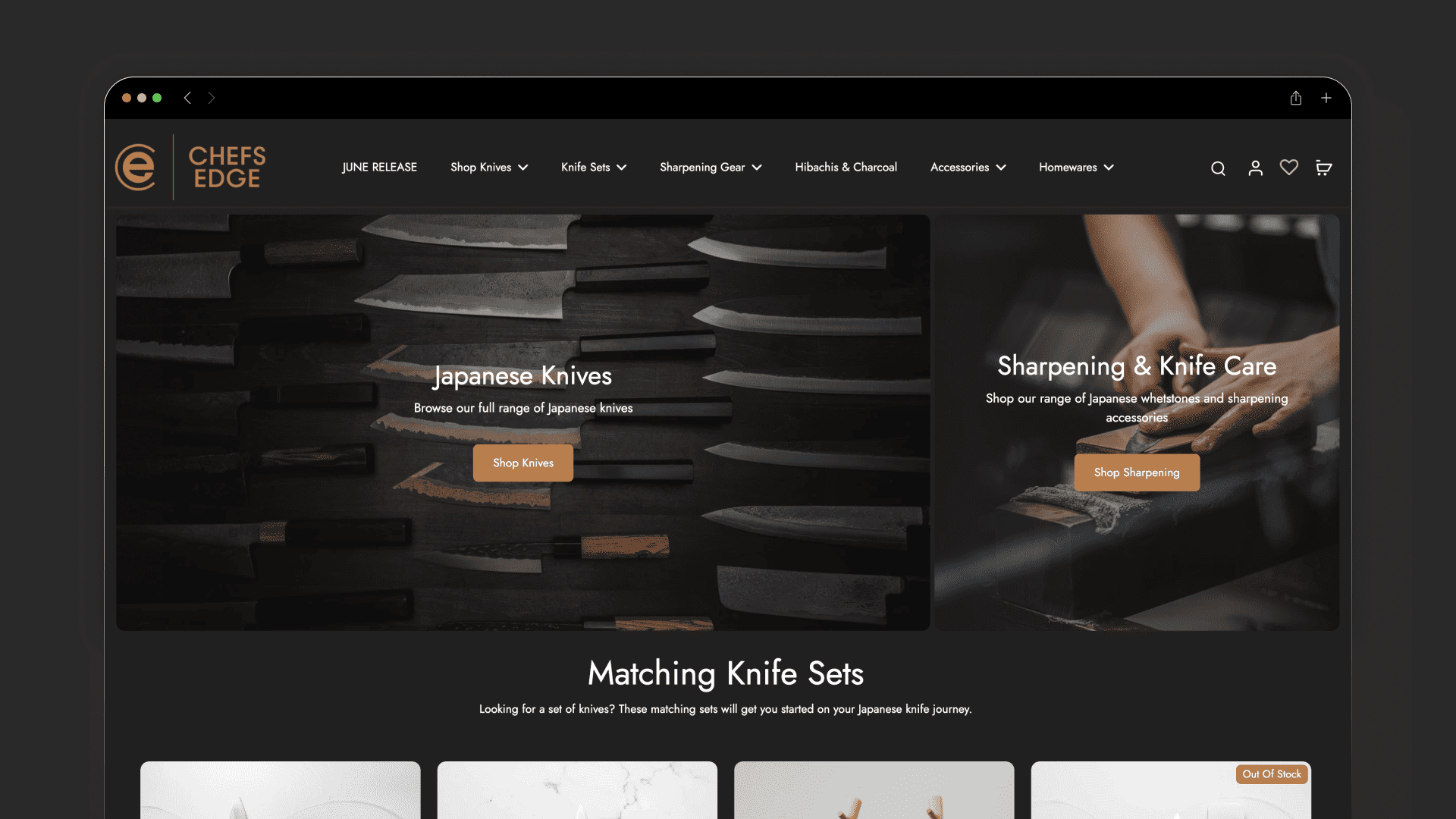 Chef’s Edge page with Japanese knives and sharpening and knife care category panels