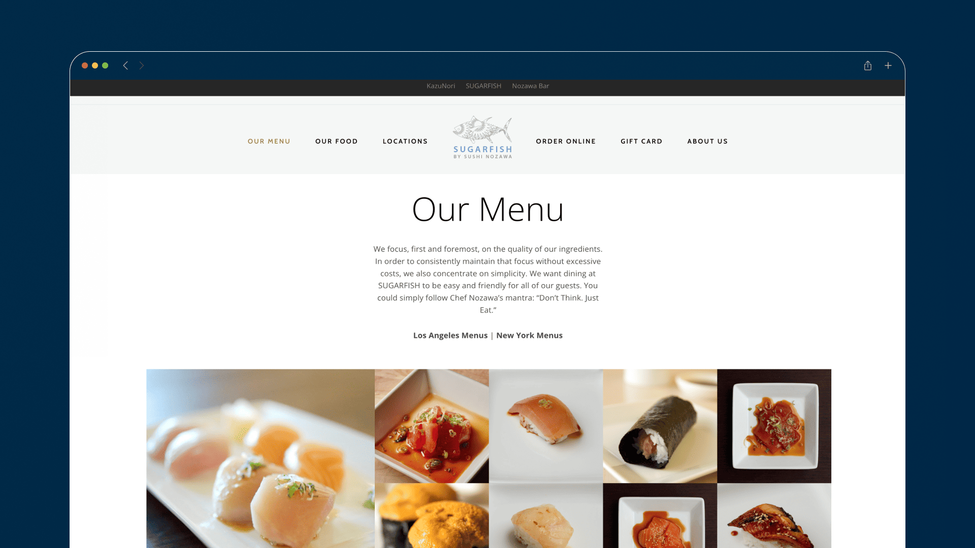 SUGARFISH menu page with introductory text and a grid of sushi and dish photographs