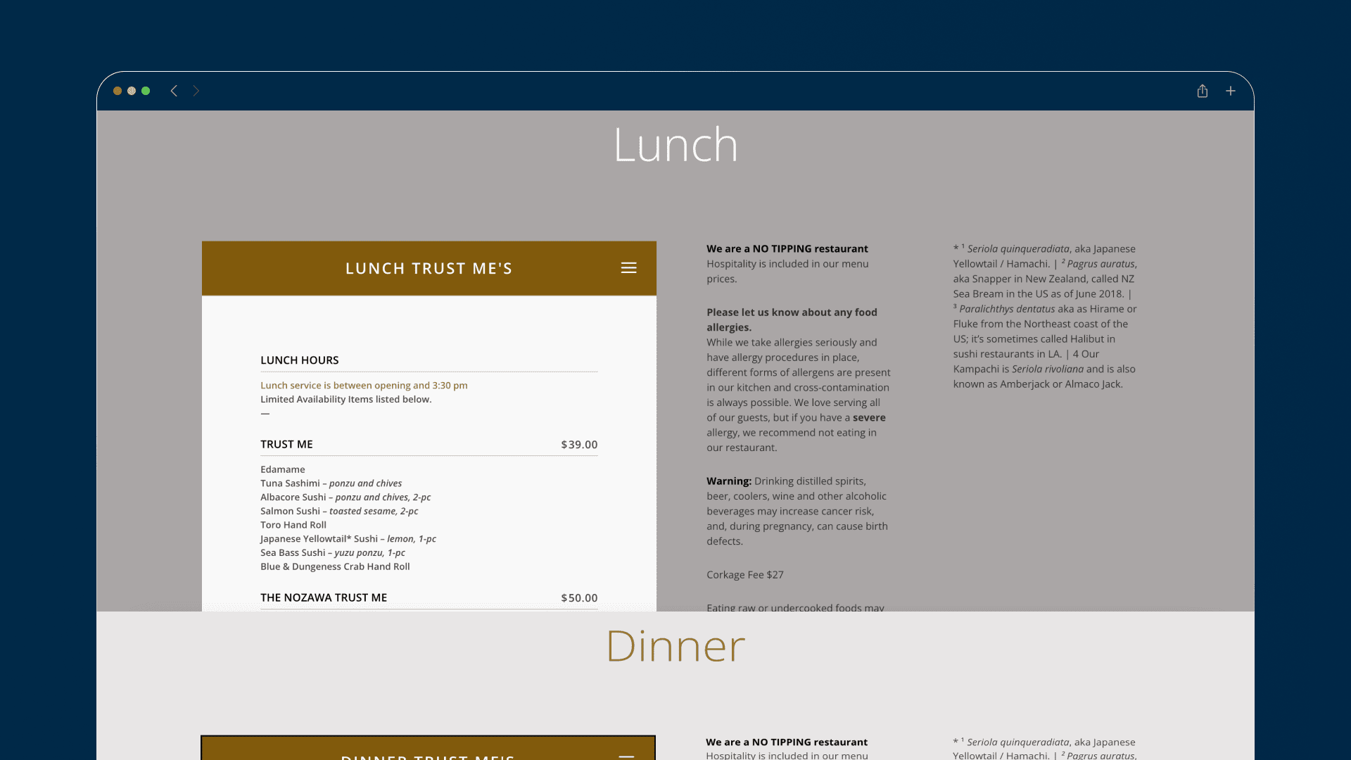 SUGARFISH lunch and dinner menu page with grouped meal information