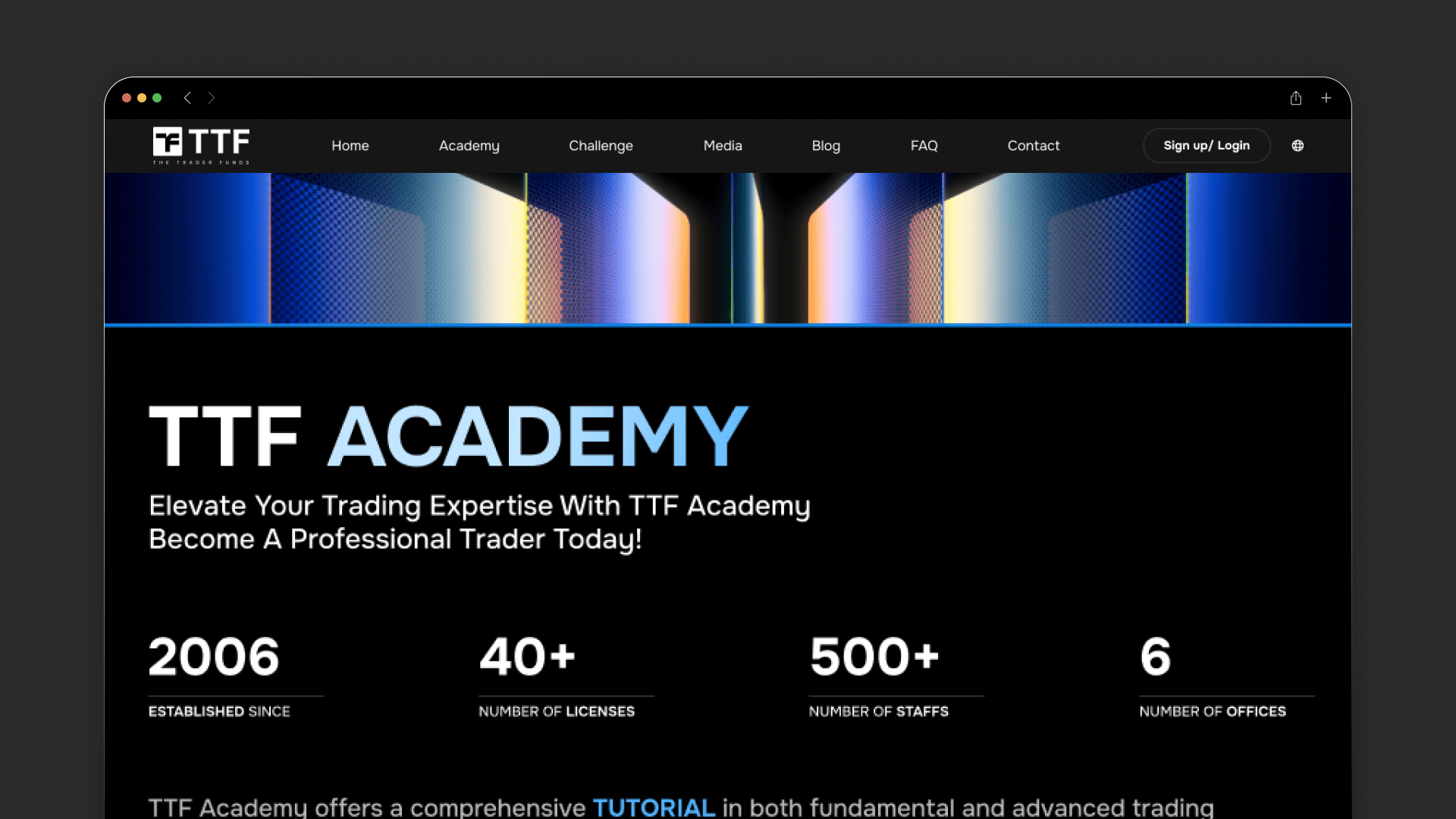 The Trader Funds academy page with dimensional blue artwork and education overview