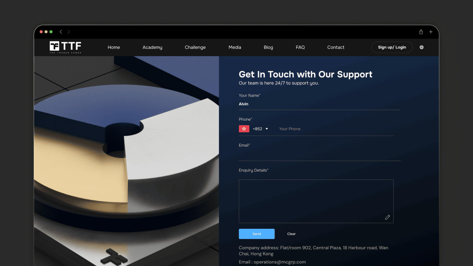 The Trader Funds support page with contact options, enquiry form and metallic brand artwork