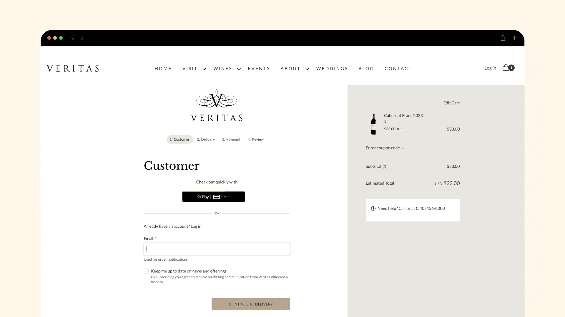 Veritas checkout with customer details area and a right-hand order summary