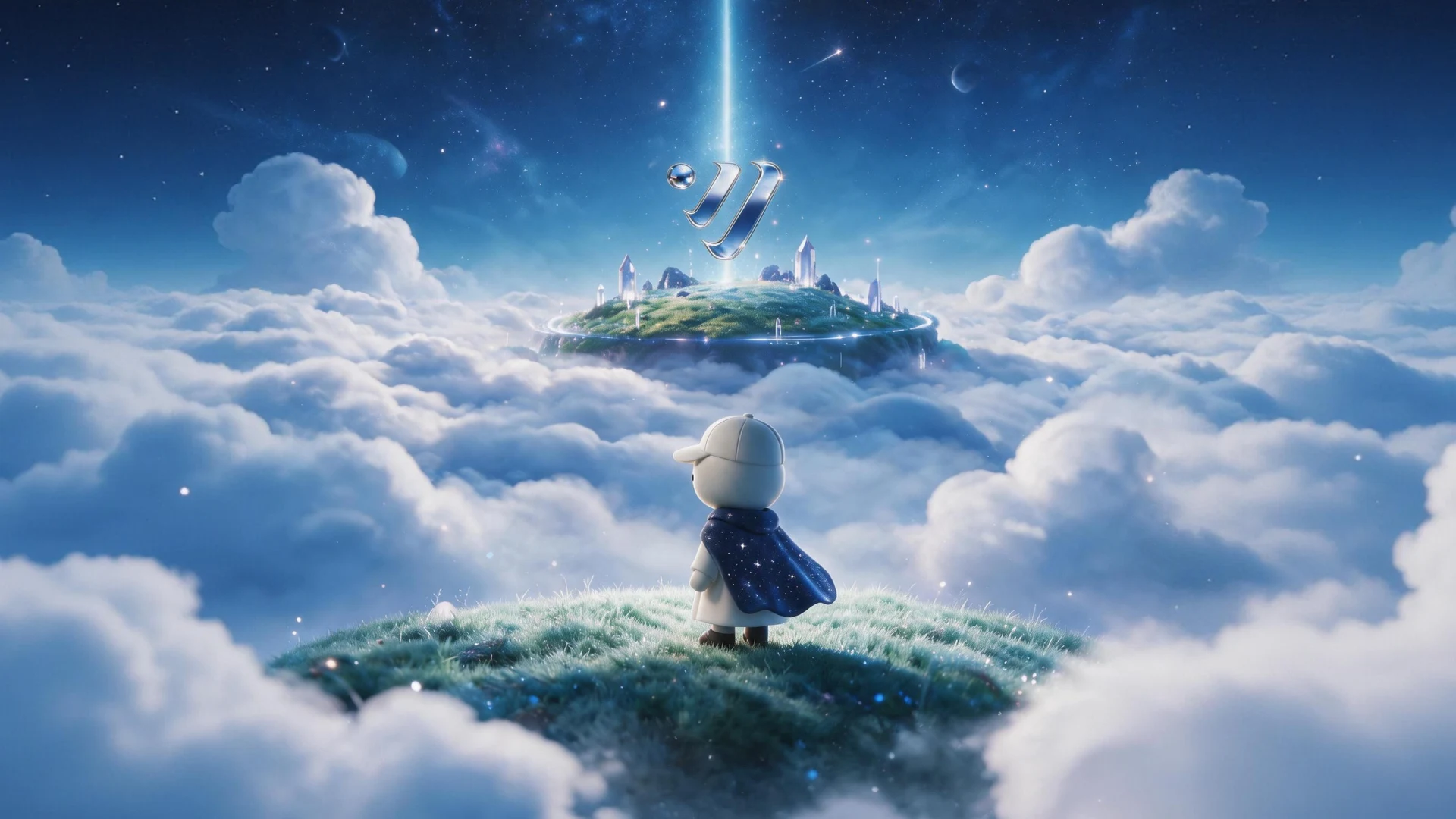 Venus IP World: Alvin's caped mascot overlooking a floating island and the Venus symbol