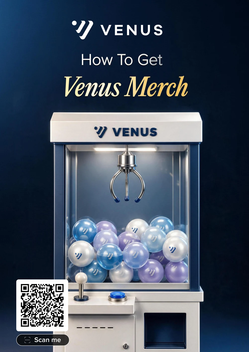 Venus Merch campaign, showing the blue and white claw machine Alvin designed