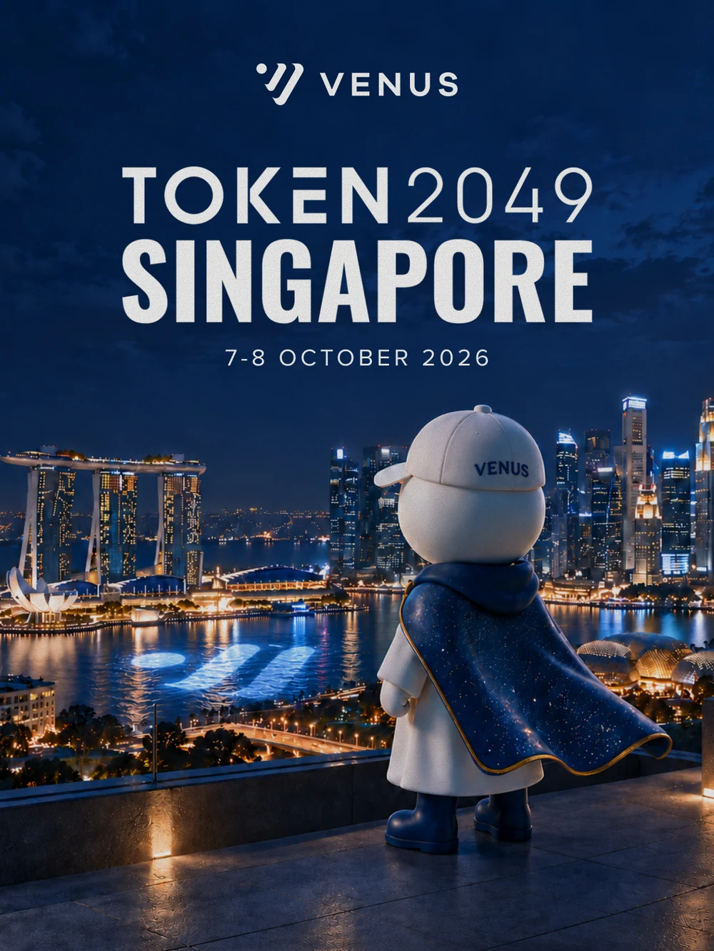 A cropped detail of Alvin's Venus TOKEN2049 Singapore campaign, featuring the mascot above Marina Bay