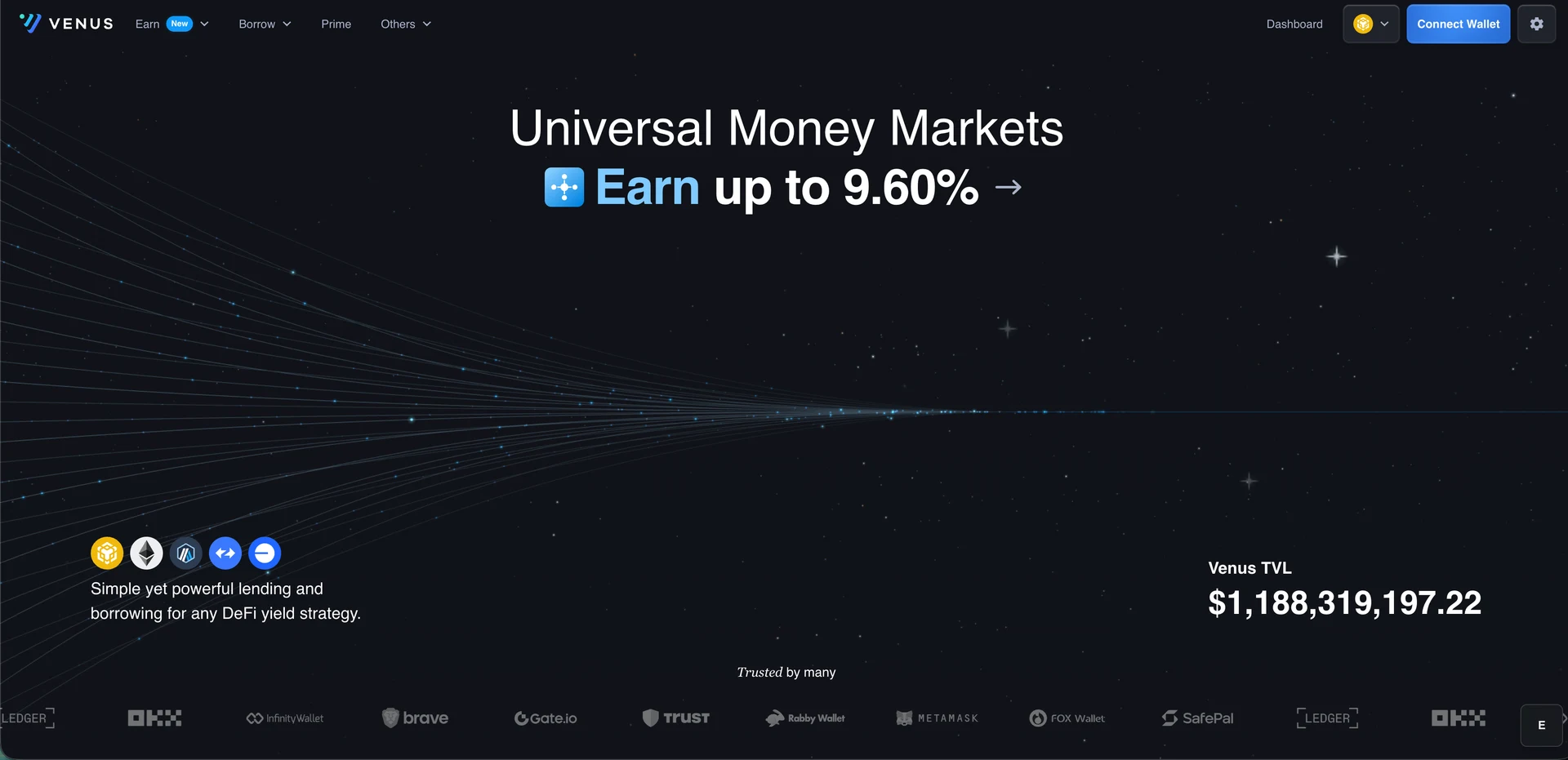 Alvin's Venus website design featuring Universal Money Markets and a dark star field