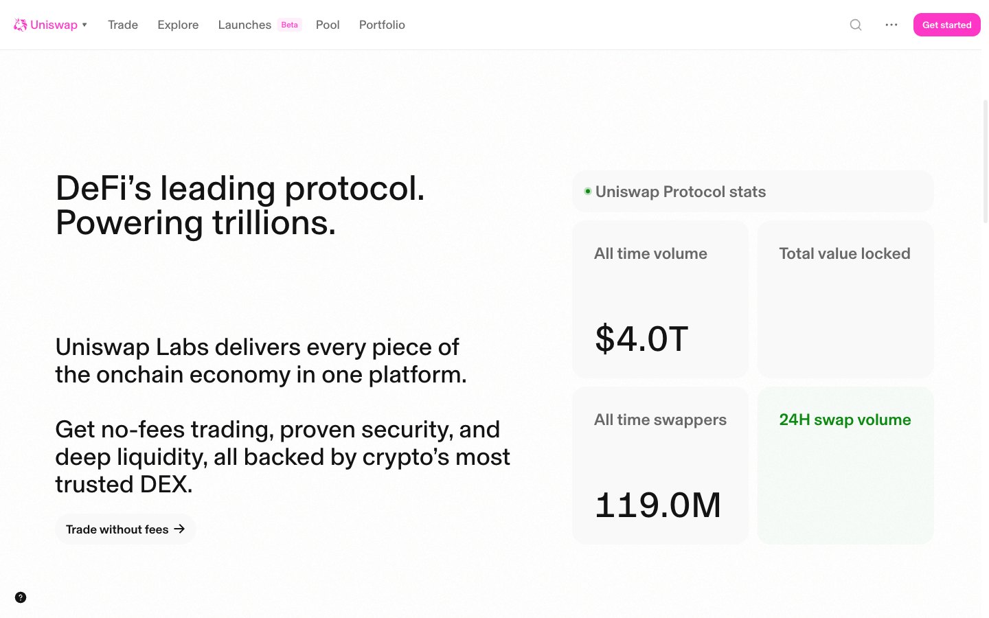 Protocol statistics section on the Uniswap homepage